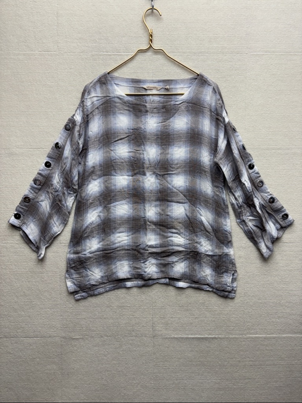 Soft Surroundings | medium Relaxed Plaid Button-Sleeve Women’s Top - Gray/White